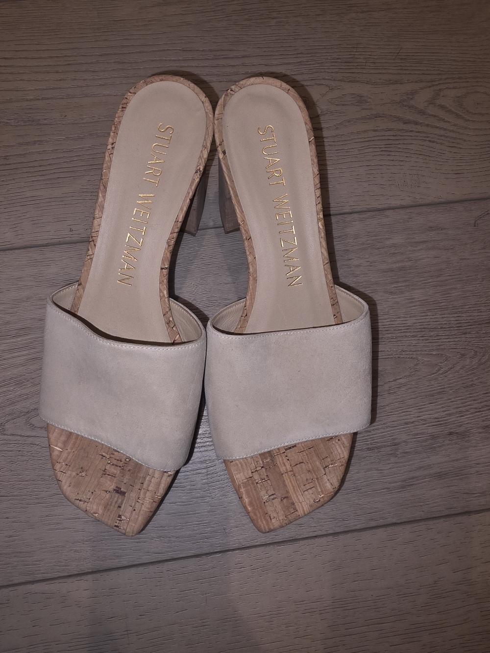 Stuart Weitzman Neutral Beige Suede Cork Slide Mules